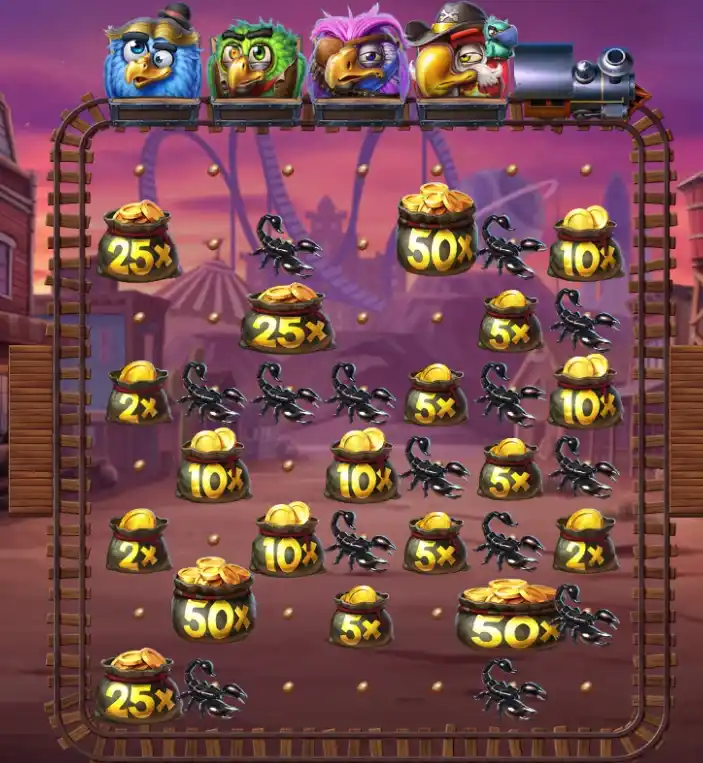 Bonus Round Gameplay – Birds on a train collect gold bags with multipliers
