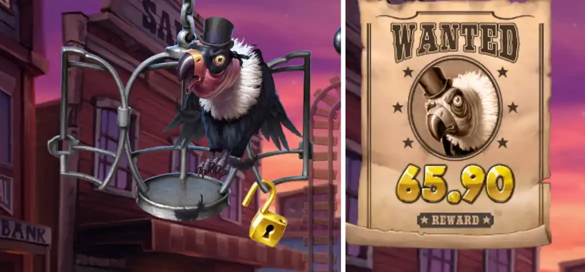 Locked vulture character in top hat with wanted poster showing €65.90 reward in Pirots 3