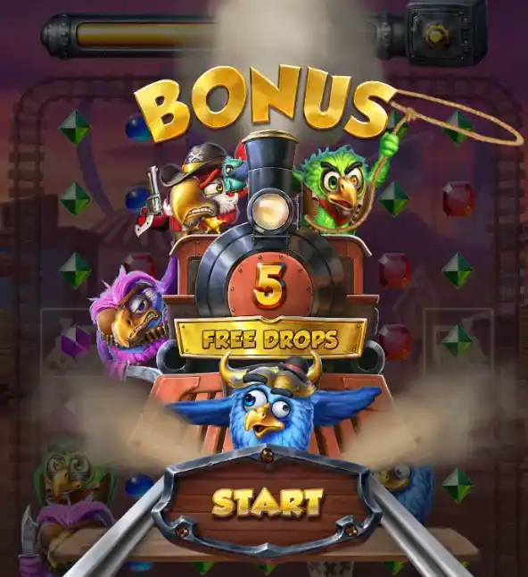 Bonus Feature Intro – Animated train with bird characters starts 5 free drops